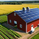 **A Swedish farm with solar panels on the barn roof and a drone flying overhead, monitoring the fields. The crops should look healthy and abundant, showcasing sustainable and modern agricultural practices.** (Focus: Technology & Sustainability)