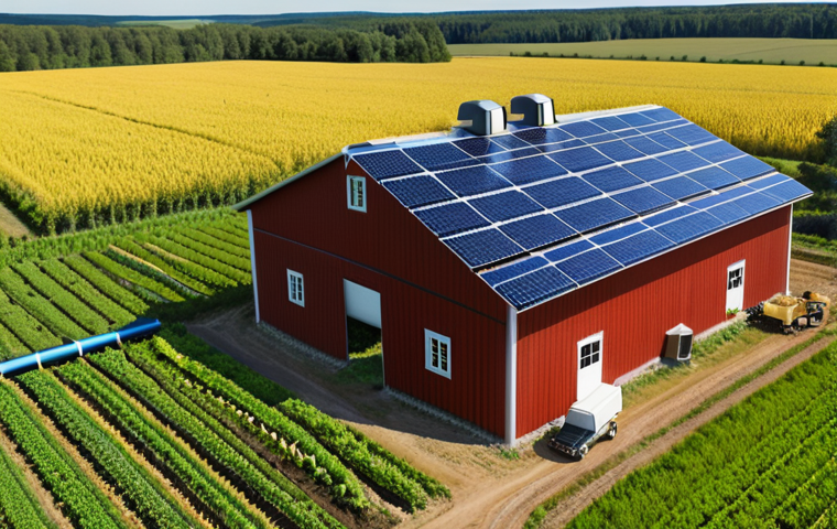 **A Swedish farm with solar panels on the barn roof and a drone flying overhead, monitoring the fields. The crops should look healthy and abundant, showcasing sustainable and modern agricultural practices.** (Focus: Technology & Sustainability)