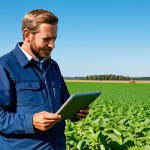 A professional Swedish farmer, fully clothed in modest, practical work attire, standing in a healthy, green agricultural field. The farmer is looking at a tablet displaying colorful data visualizations of crop health, soil moisture, and precision farming insights. The background features a vast, well-maintained farm landscape under a clear sky. Professional photography, high quality, perfect anatomy, correct proportions, natural pose, well-formed hands, proper finger count, natural body proportions, safe for work, appropriate content, fully clothed, modest, family-friendly.