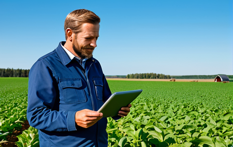 A professional Swedish farmer, fully clothed in modest, practical work attire, standing in a healthy, green agricultural field. The farmer is looking at a tablet displaying colorful data visualizations of crop health, soil moisture, and precision farming insights. The background features a vast, well-maintained farm landscape under a clear sky. Professional photography, high quality, perfect anatomy, correct proportions, natural pose, well-formed hands, proper finger count, natural body proportions, safe for work, appropriate content, fully clothed, modest, family-friendly.